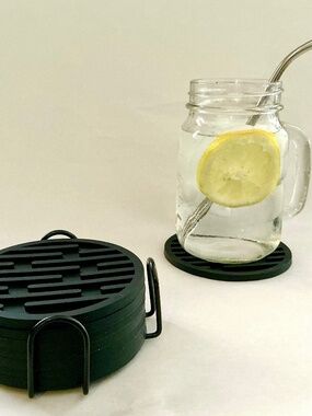 Premium 8 piece Black Silicone Coaster Set,Includes Black Metal Coaster Holder